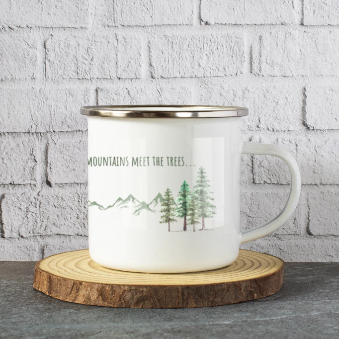 Pine Trees | White Enamel Travel Mug – Mountain Camp Mug