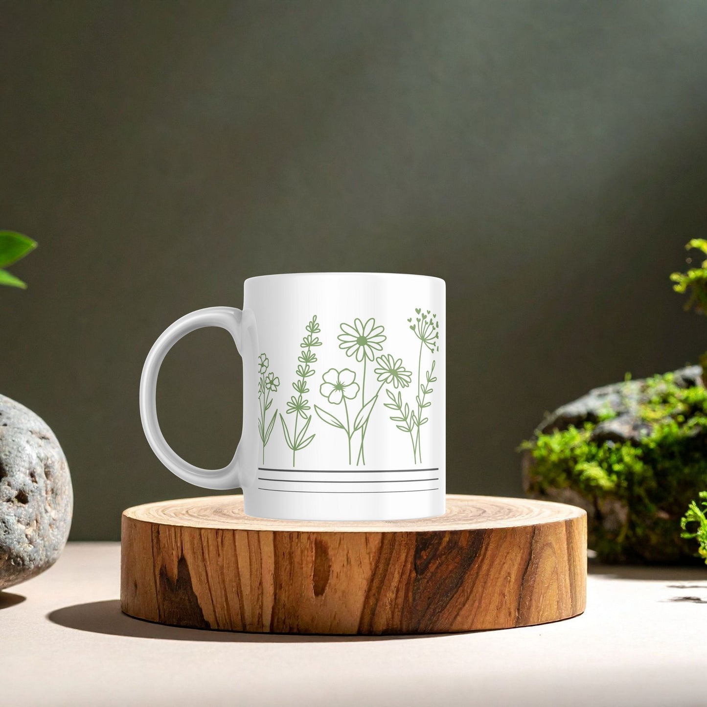 Green Line Art | White Coffee Mug – Calm Nature-Inspired Mug