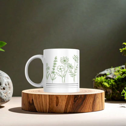 Green Line Art | White Coffee Mug – Calm Nature-Inspired Mug