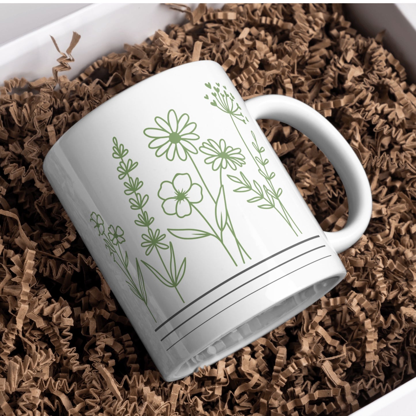 Green Line Art | White Coffee Mug – Calm Nature-Inspired Mug