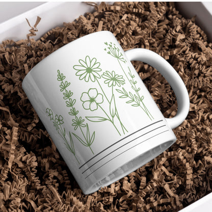 Green Line Art | White Coffee Mug – Calm Nature-Inspired Mug
