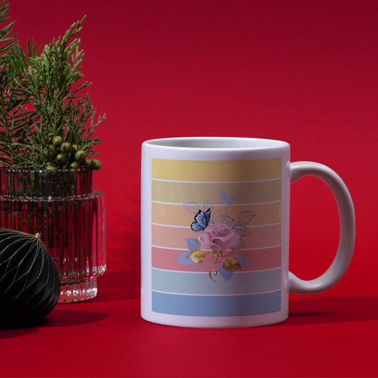 Floral Rose & Butterfly Rustic Art | White Ceramic Mug