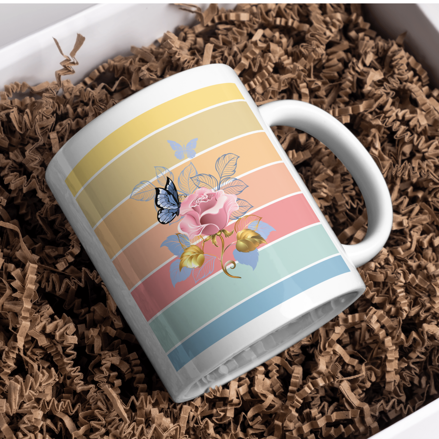 Floral Rose & Butterfly Rustic Art | White Ceramic Mug