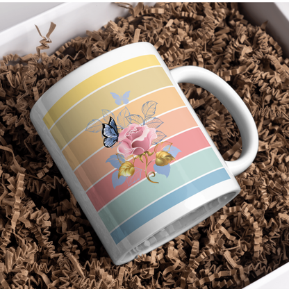 Floral Rose & Butterfly Rustic Art | White Ceramic Mug