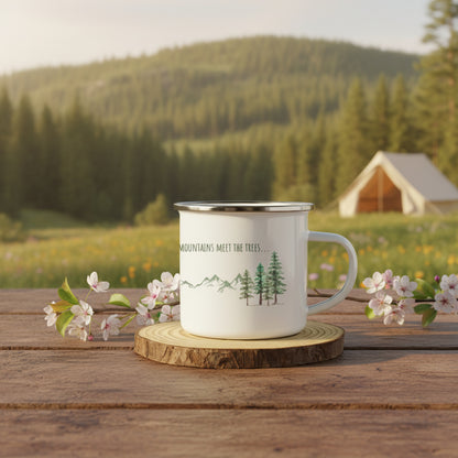 Pine Trees | White Enamel Travel Mug – Mountain Camp Mug
