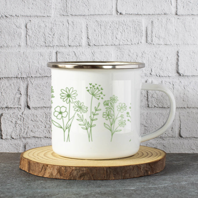 Green Foliage | White Enamel Travel Mug – Botanical On-the-Go Mug