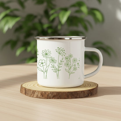 Green Foliage | White Enamel Travel Mug – Botanical On-the-Go Mug