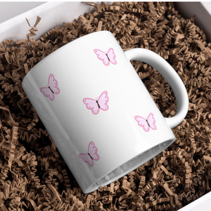 Pink Butterfly | White Coffee Mug – Soft Aesthetic Mug