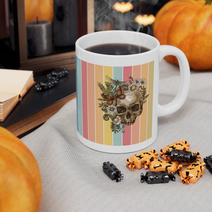 Floral Skull & Butterfly | White Coffee Mug – Boho Gothic Art Mug