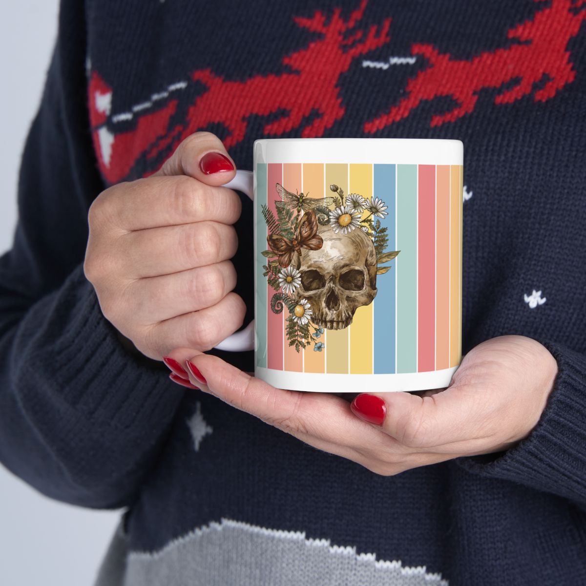 Floral Skull & Butterfly | White Coffee Mug – Boho Gothic Art Mug