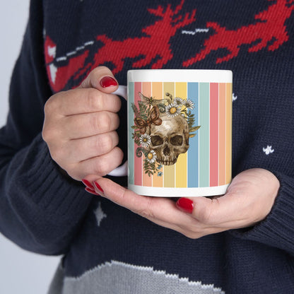 Floral Skull & Butterfly | White Coffee Mug – Boho Gothic Art Mug