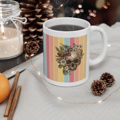 Floral Skull & Butterfly | White Coffee Mug – Boho Gothic Art Mug