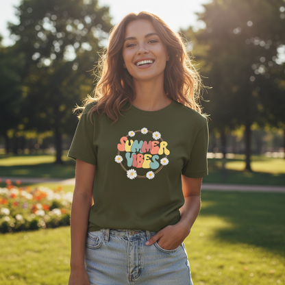 Female model wearing olive green Best Furry Friend t-shirt - summer lifestyle