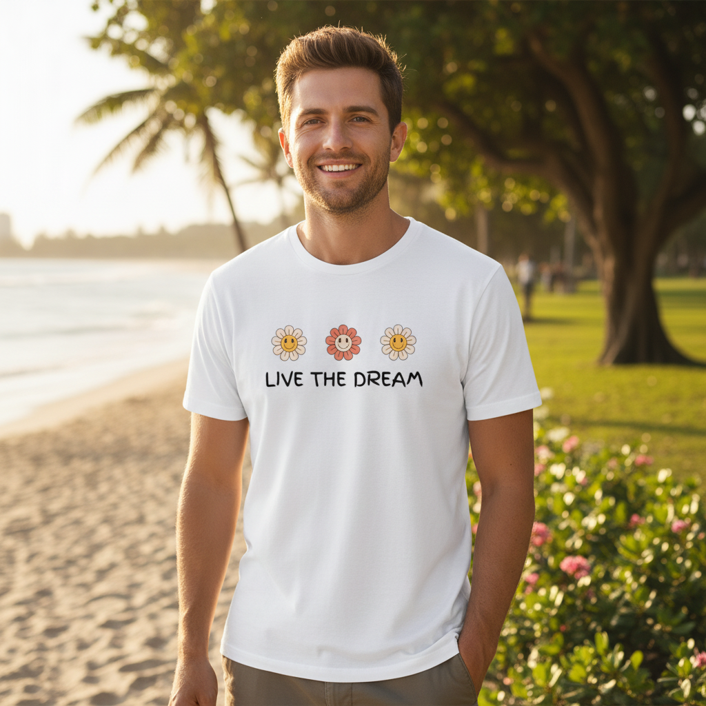 Male model wearing white Best Furry Friend t-shirt - summer lifestyle