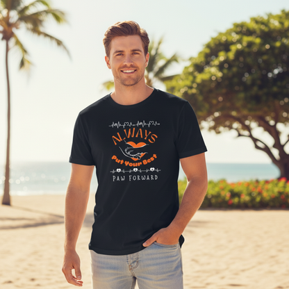 Male model wearing navy blue Best Furry Friend t-shirt - summer lifestyle