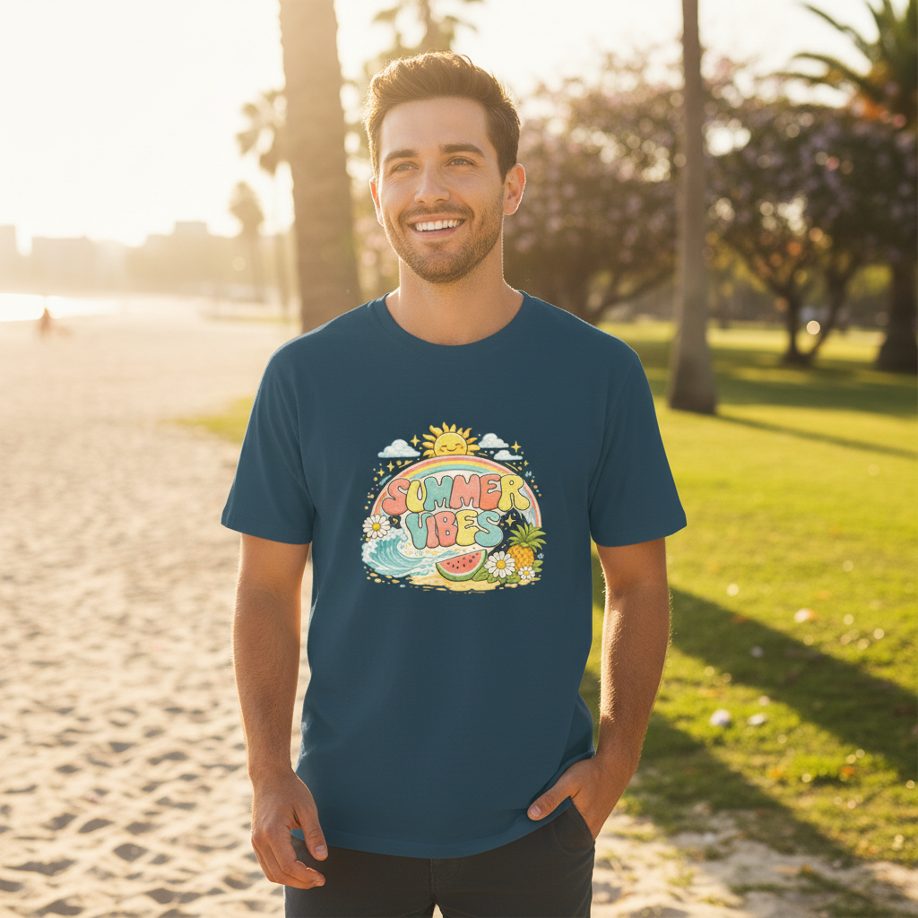 Male model wearing petrol blue t-shirt - summer lifestyle