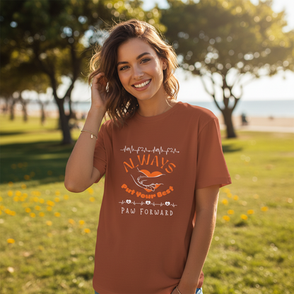 Female model wearing copper Best Furry Friend t-shirt - summer lifestyle