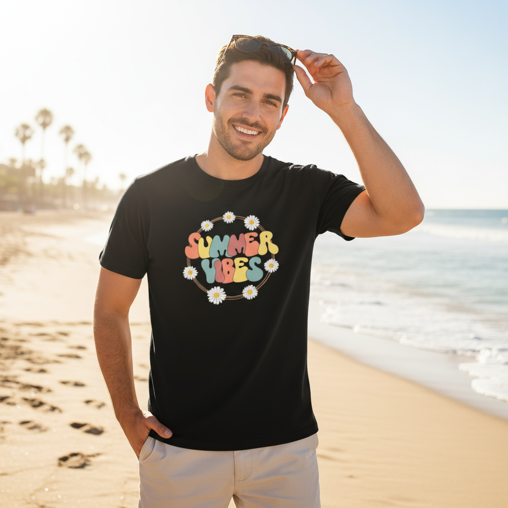 Male model wearing black Best Furry Friend t-shirt - summer lifestyle