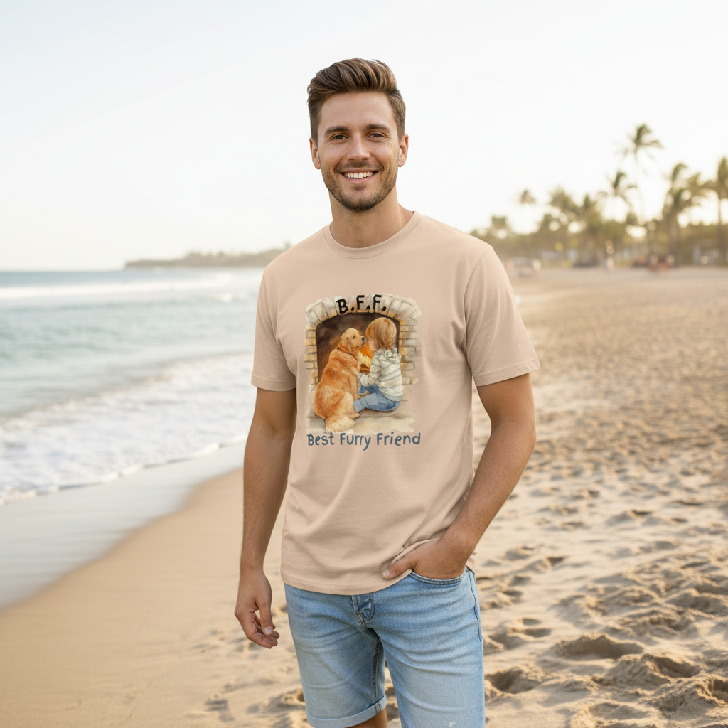 Male model wearing Best Furry Friend t-shirt - summer lifestyle square